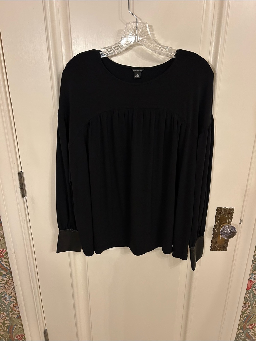 Ann Taylor Black Long-Sleeve Pleated Yoke Tunic with Black Faux Leather cuffs